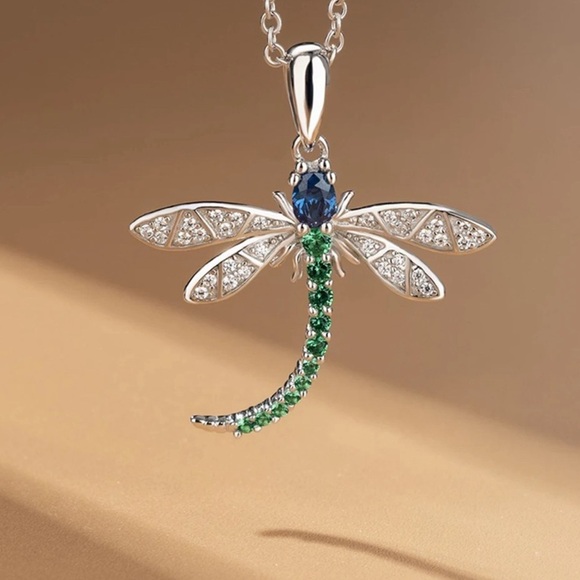 Sterling Silver Plated Dragonfly With Sapphire, Emerald and Diamond Necklace - Picture 4 of 5